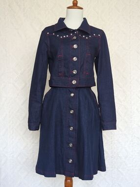 Unique Vintage Dark Indigo Denim Set with Silver-Accent Buttons